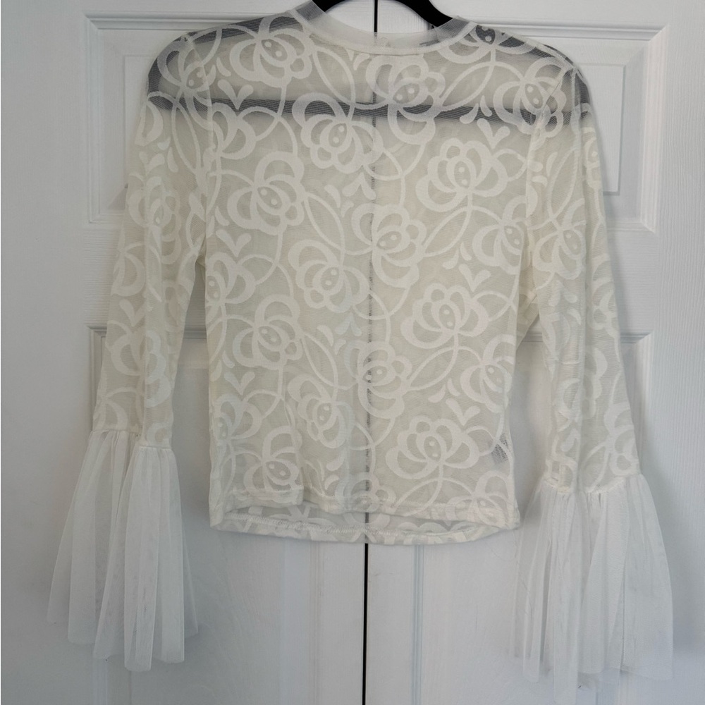 Haute Monde White Sheer Floral Lace Top with Tulle Bell Sleeves